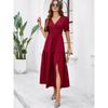 Summer Women's Dress Temperament Solid Color V-neck Short-sleeved Long Dress