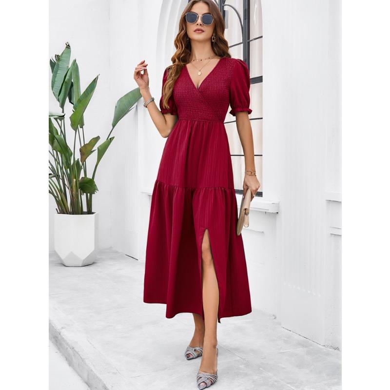 Summer Women's Dress Temperament Solid Color V-neck Short-sleeved Long Dress