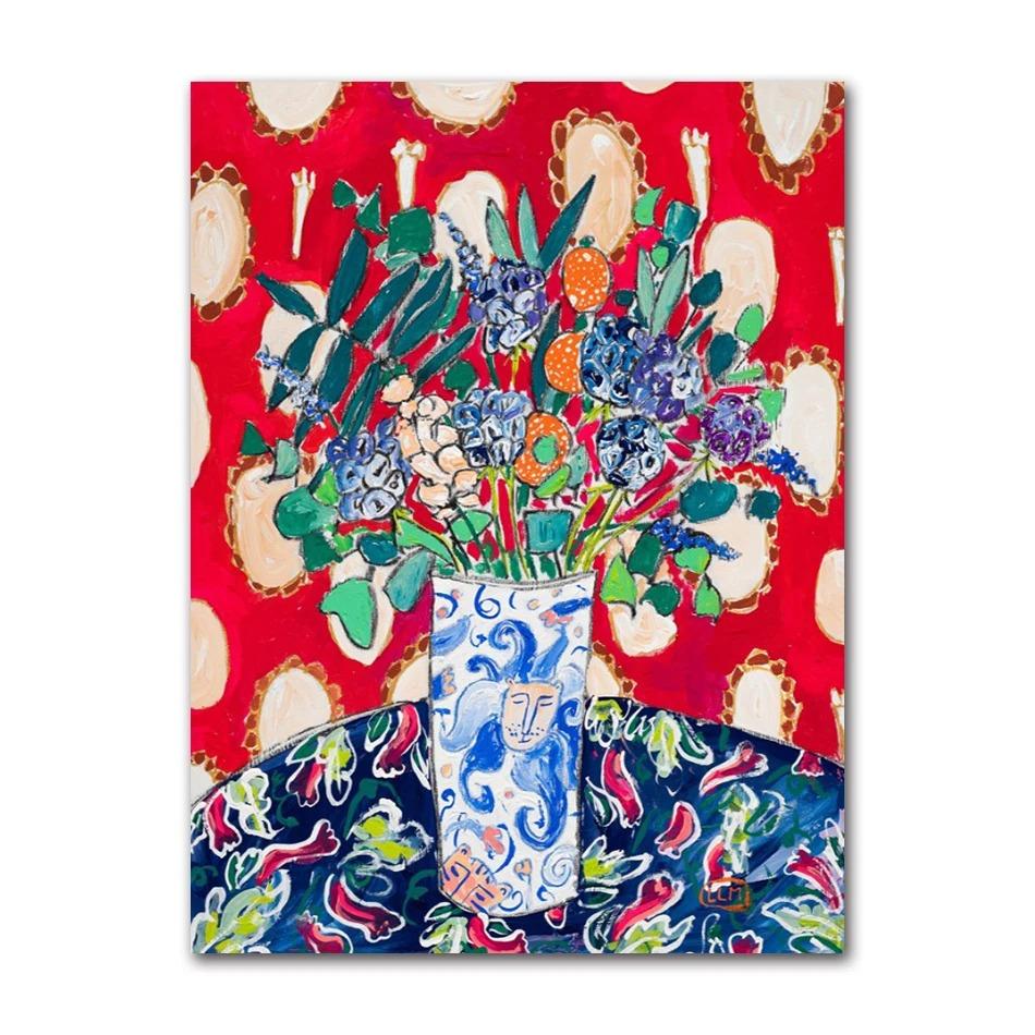 Nordic Flower Leaf Colorful Vase Art Print Wall Poster Canvas Painting Retro Picture Modern Home Decor Bedroom Decoration