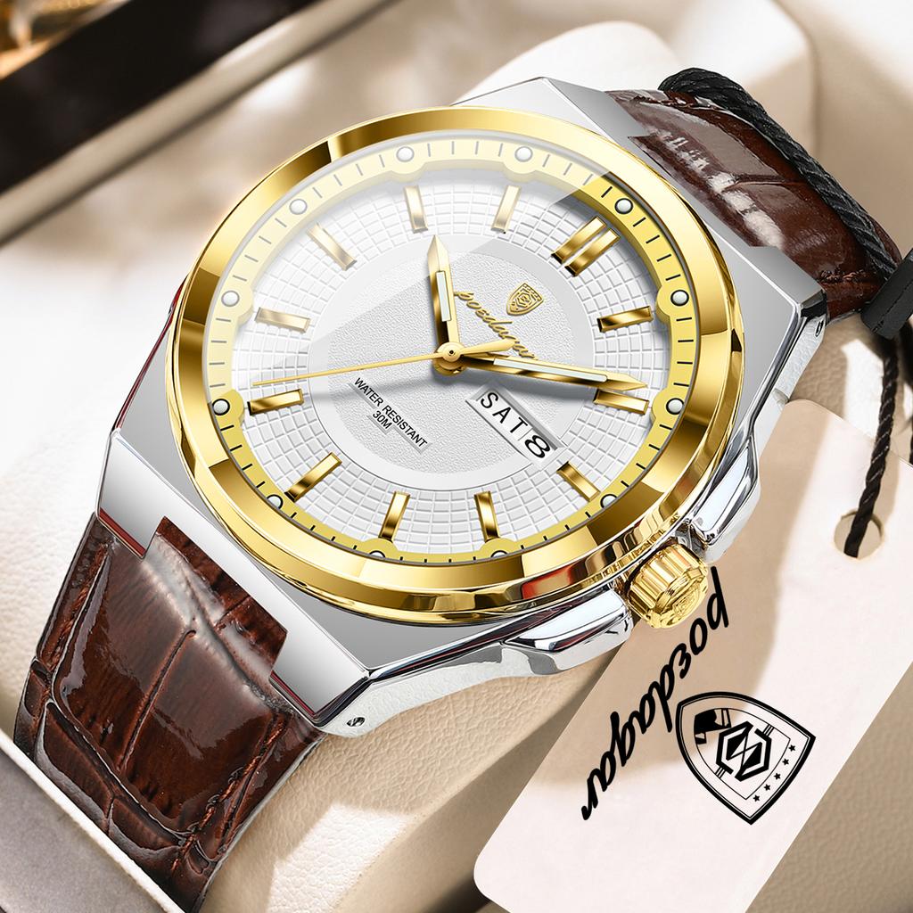 POEDAGAR Fashion Man Wristwatch Waterproof Luminous Date Week Business Quartz Watches Leather Sport Clock Reloj Hombre
