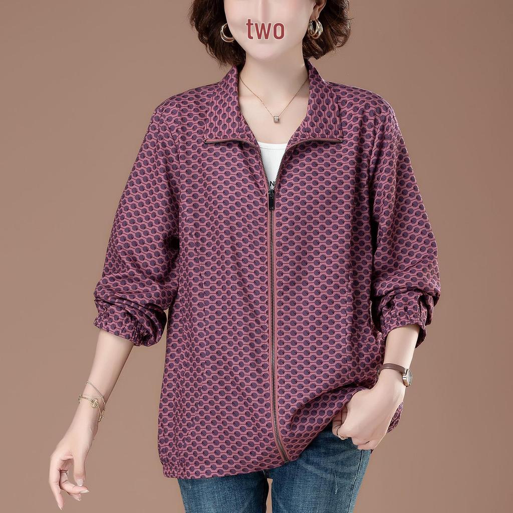 Polka Dot Stand Collar Plus Size Jacket for Women - Stylish Spring/Autumn Trench Coat for Middle-Aged Moms