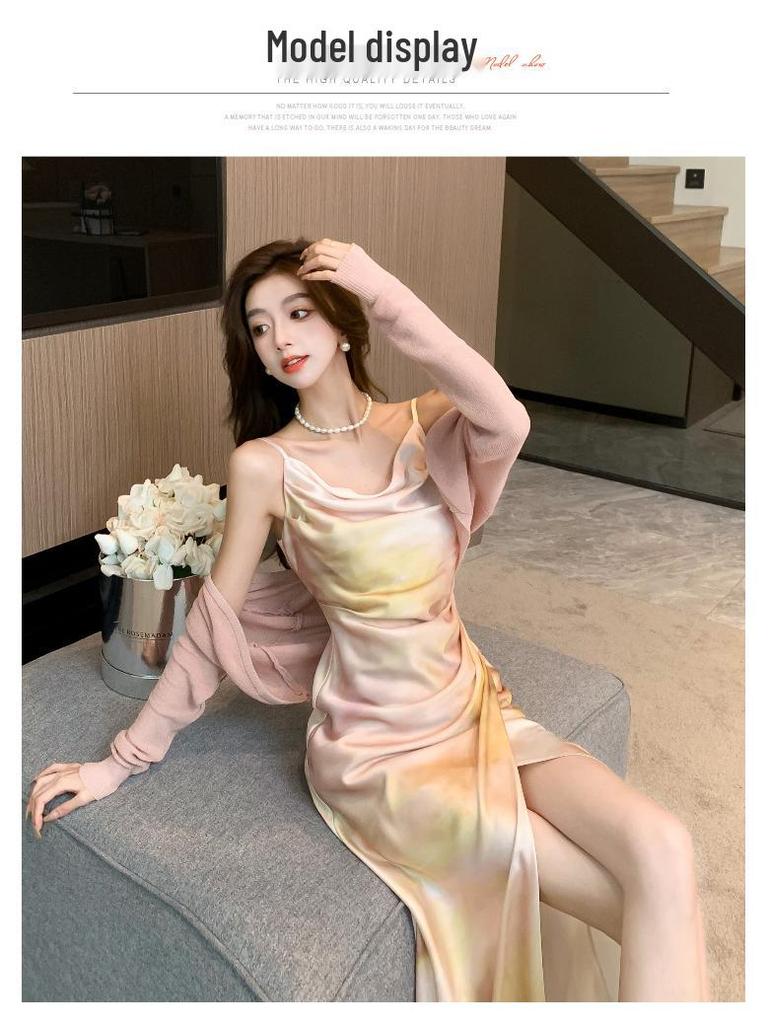 In-Stock French Cowl Neck Satin Print Spaghetti Strap Summer Dress