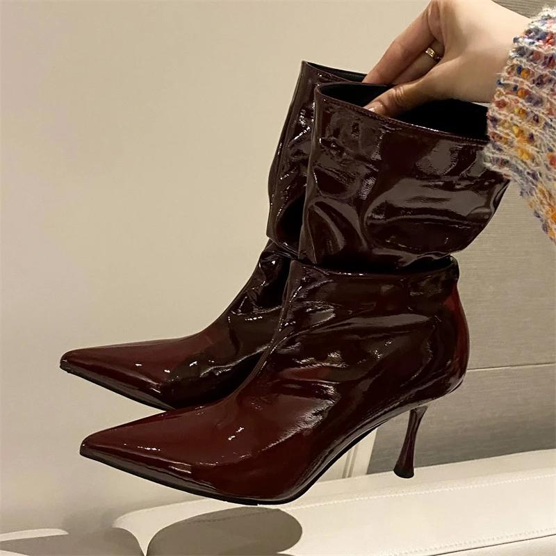 Eilyken Fashion Design Pleated Patent Leather Women Ankle Boots Zipper Shoes Sexy Thin Heels Modern Short Botas Mujer