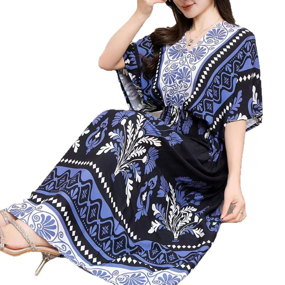 26-Year Floral V-Neck Cotton Silk Batwing Sleeve Beach Dress - Thailand Travel & Vacation Skirt Style