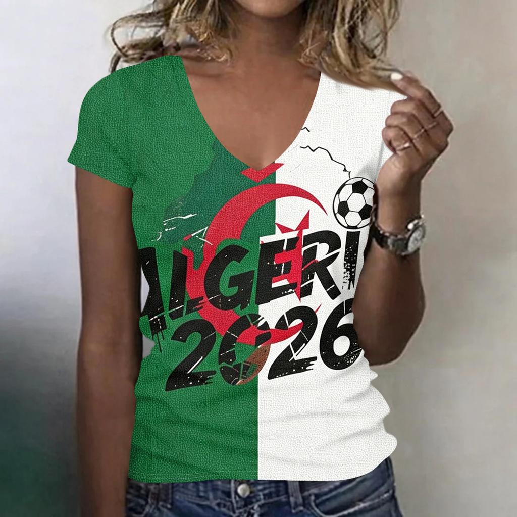 Women's V Neck Short Sleeve Lightweight T Shirt for Summer Casual Wear Football Themed Graphic Tee with National Flag Print Soft Fabric