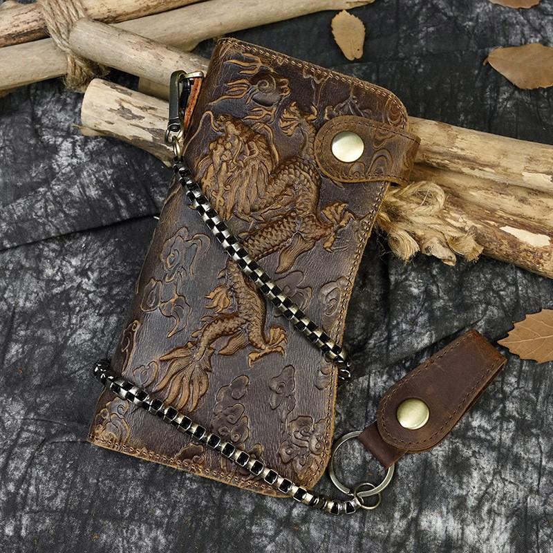 Men's Crazy Horse Leather Wallet Genuine Long Iron Chain Anti Theft Handbag RFID Demagnetization Zero