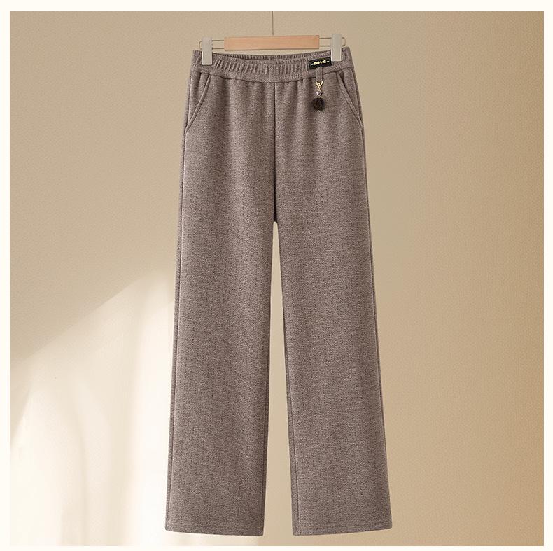 2025 Autumn/Winter Plus Velvet Thickened Elastic Waist Straight-Leg Casual Pants for Middle-Aged and Elderly Women