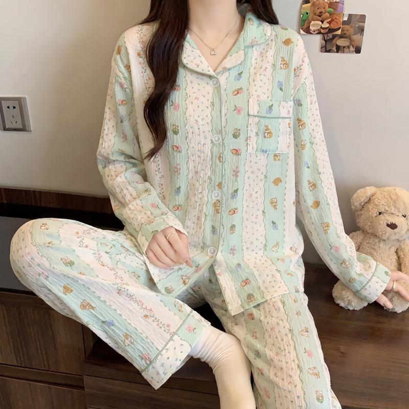 Color polka dot pajamas women's long-sleeved trousers spring and autumn cloud cotton suit casual cardigan simple loungewear