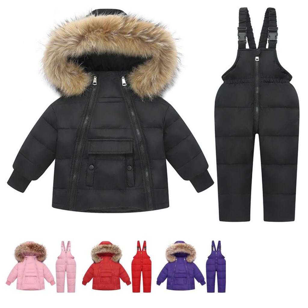 Zimní péřová bunda a kalhoty pro děti, batolata, chlapce a dívky – 90% bílé kachní peří, voděodolné, větruodolné, odnímatelná kapuce, 1–6 let