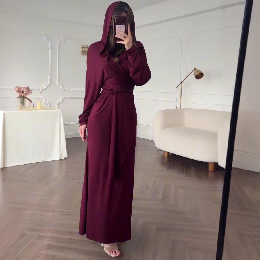 2025 Summer Long Sleeve Tie Waist Hijab Dress with Cape