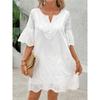 Women's Sheer Embroidered Fashionable Casual Lace V-neck Five-button Dress