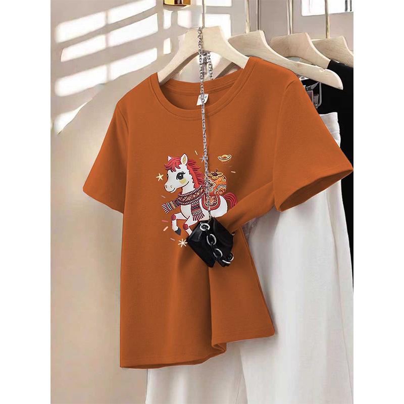 Crimson Year of the Rat Lucky Color Women's Thickened Round Neck Short Sleeve T-Shirt for Spring and Autumn
