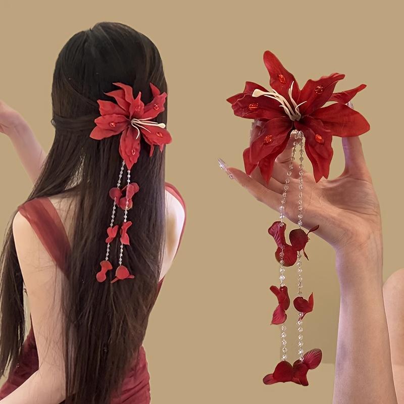 Hawaiian-Inspired 1pc Long Tassel Artificial Flower Hair Clip Bridal Wedding Hair Accessories Beach Parties,Daily Wear