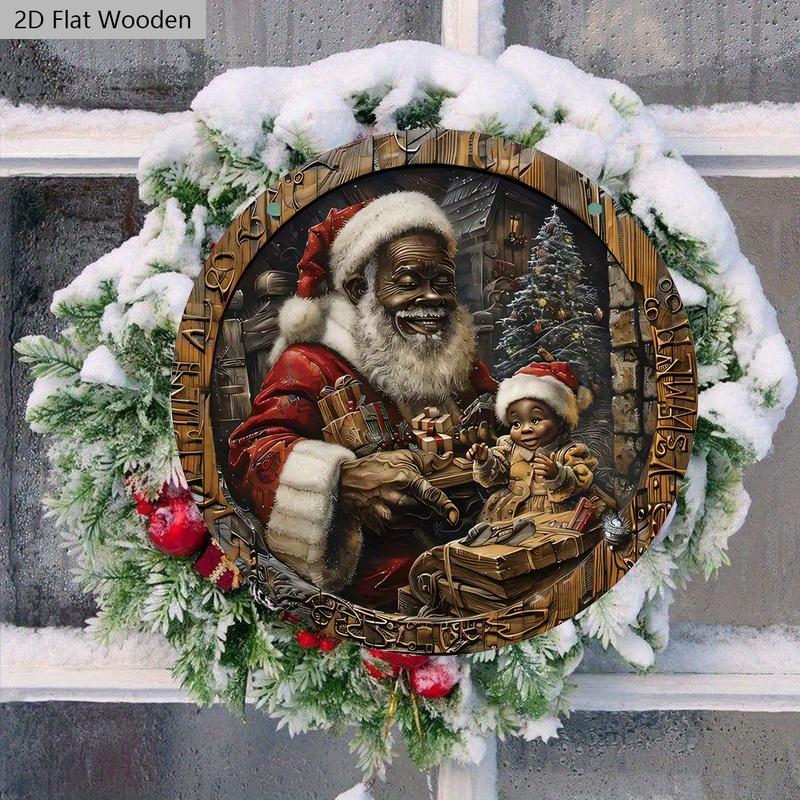 Schwarzer Weihnachtsmann Holzweihnachtsschild - Navidad Rundes Schild für Hof, Tür, Wandbehangdeko - Ideale Weihnachtsdekoration