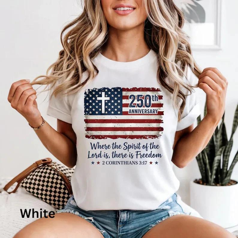 Christian Freedom America 250 Patriotic  Shirt Jesus Faith July 4th Tee S