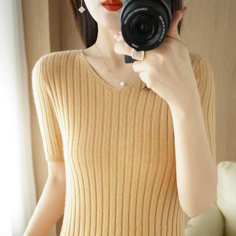 Frühling Sommer Damen V-Ausschnitt Kurzarm Exquisiter Kaschmir Strickpullover Pullover Einfarbig