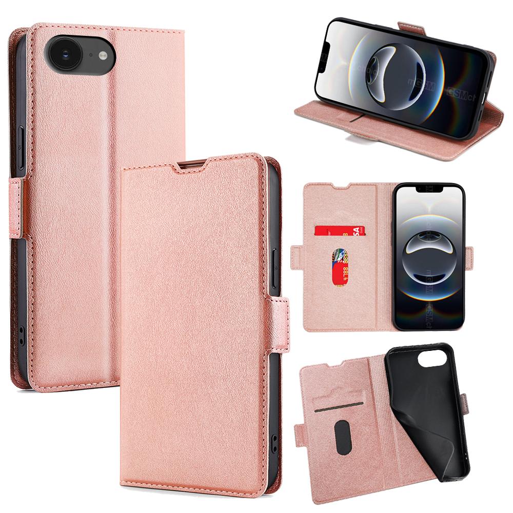 

For iPhone 16e Case Card Holder PU Leather Phone Cover Rose Gold