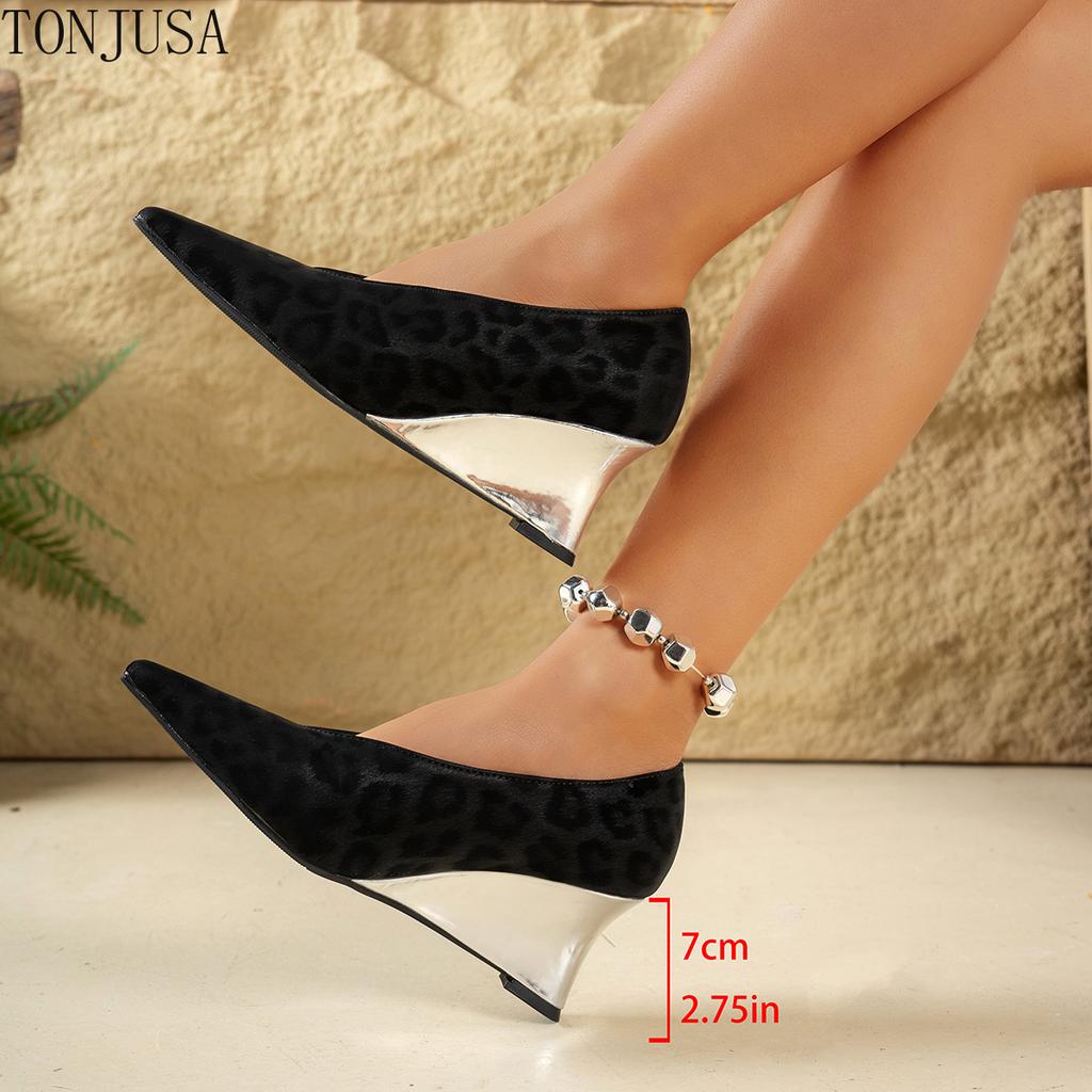 Retro Leopard Print Medium Heel Light Mouth Single Shoes Women's Cross-border Spring and Autumn Models Wedge Heel Fashion Shoes High Heels