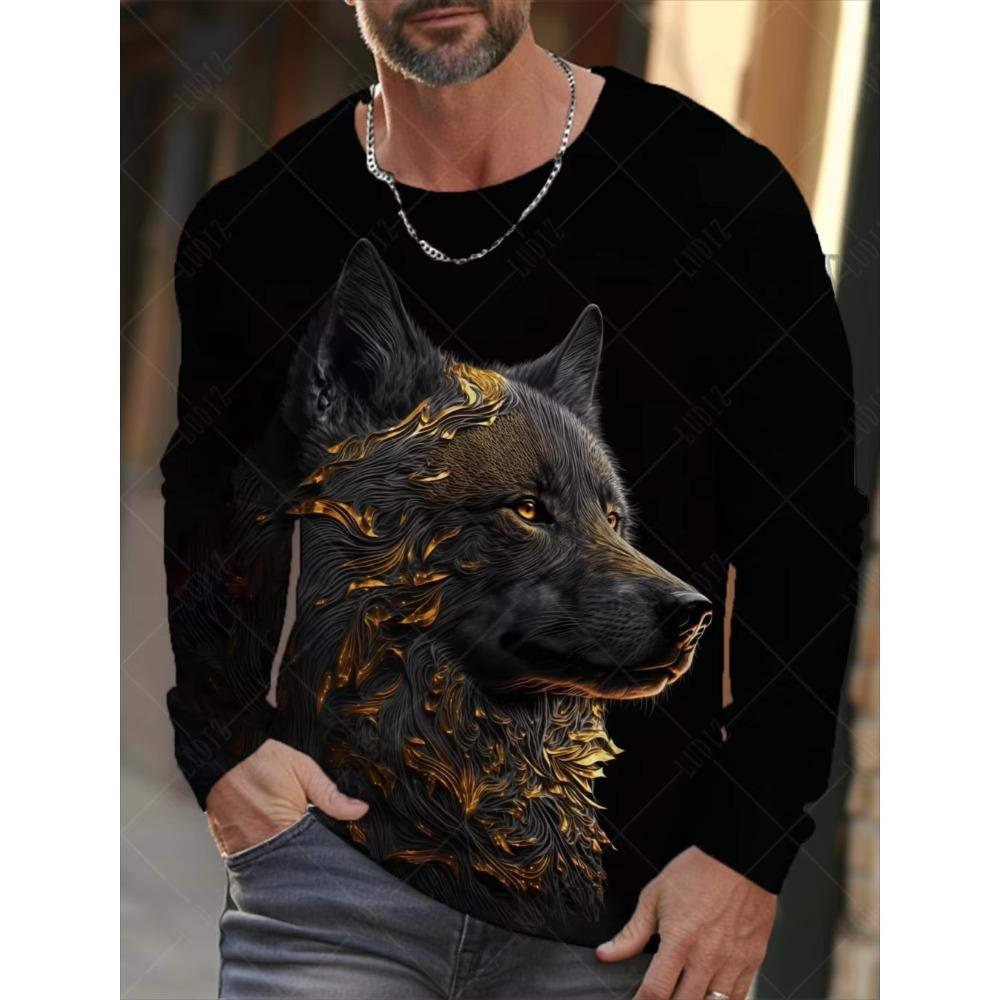 Animal Wolf Printed T-shirt Men Long Sleeve Casual Fashion T-shirt Personalized Comfortable Breathable Versatile Autumn T-shirt