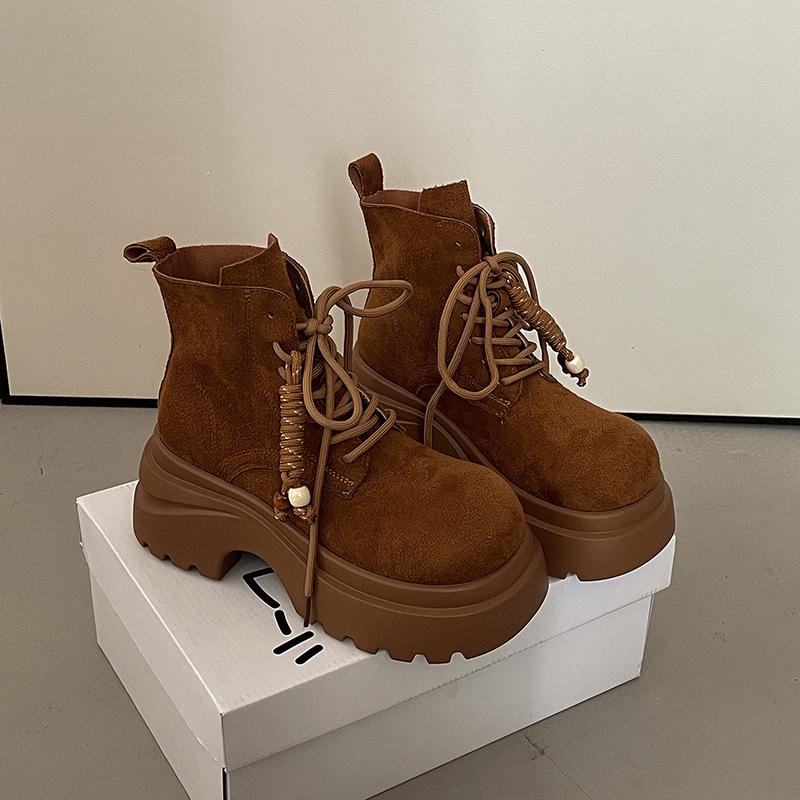 Fashion versatile thick-soled height-increasing and thin Martin boots women's 2025 autumn and winter new lace-up muffin-bottom locomotive boots women