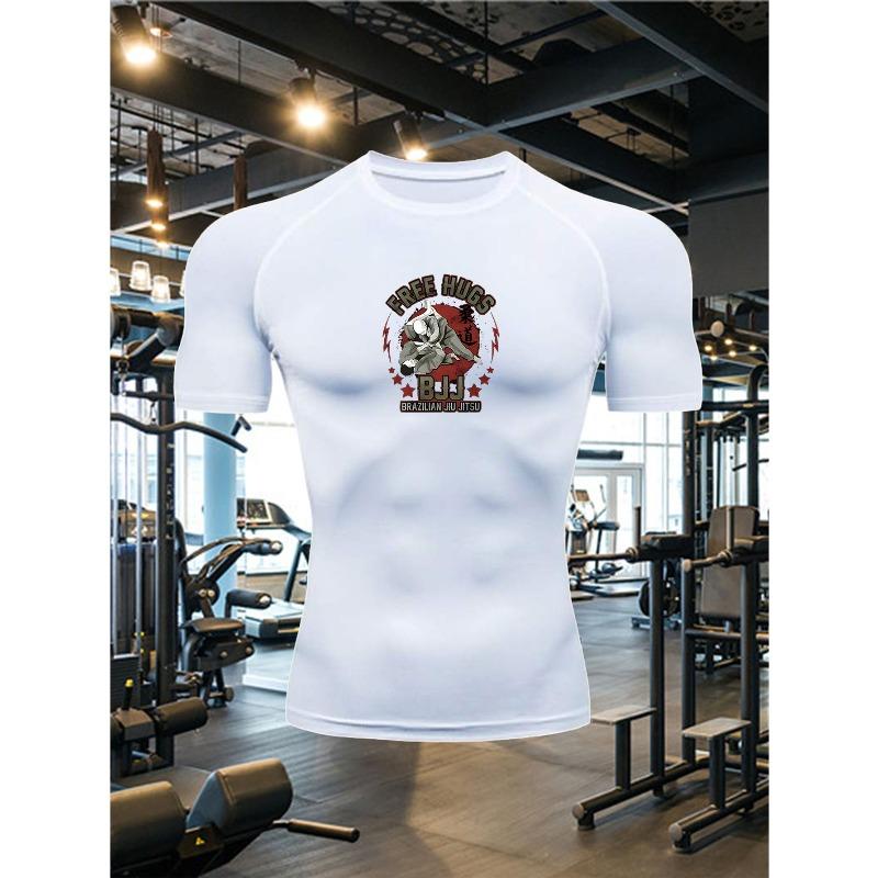 Men's White Brazilian Jiu-Jitsu Compression T-Shirt "BJJ" Bulldog Print Quick Dry Gym Workout Top