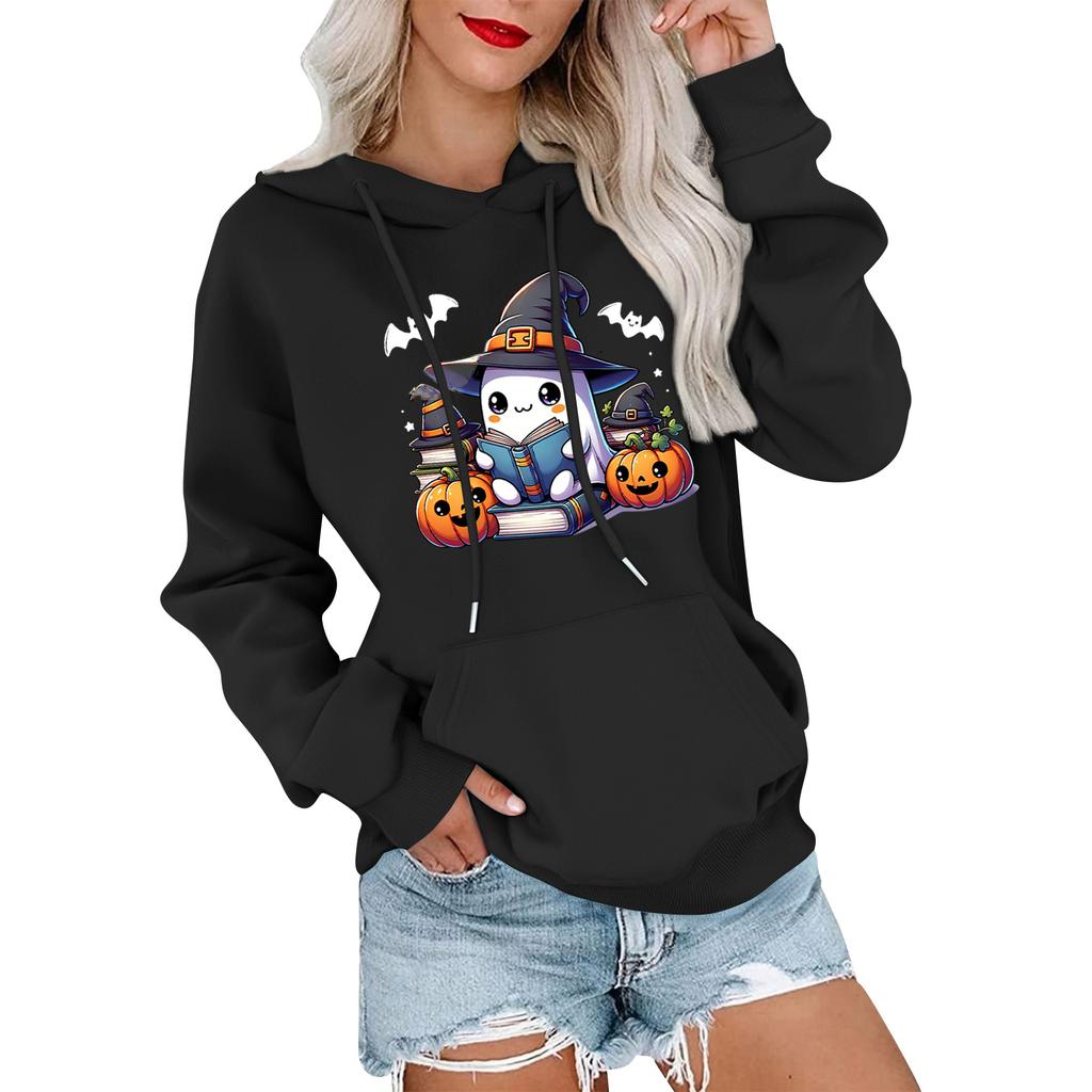 Dámský módní, ležérní, pohodlný svetr s kulatým výstřihem, s kapucí, s dlouhým rukávem, s halloweenským potiskem, hřejivý