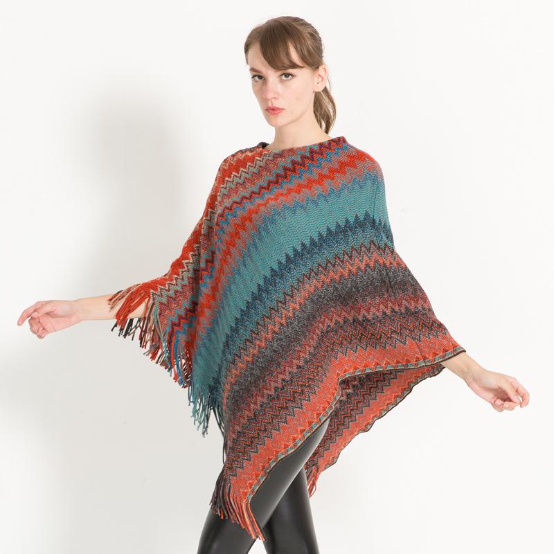Women Geometric Chevron Poncho Shawl,Acrylic Imitation Cashmere Knit Tassel Cape Wrap,Oversized Pullover Shawl for Autumn Winter
