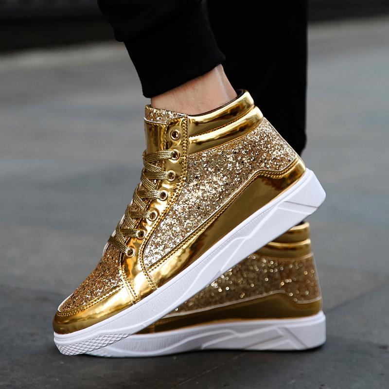 Men Sparkling Stage Shoes Lightweight Black Gold Silver High Party Sneakers for School Student Plus Size