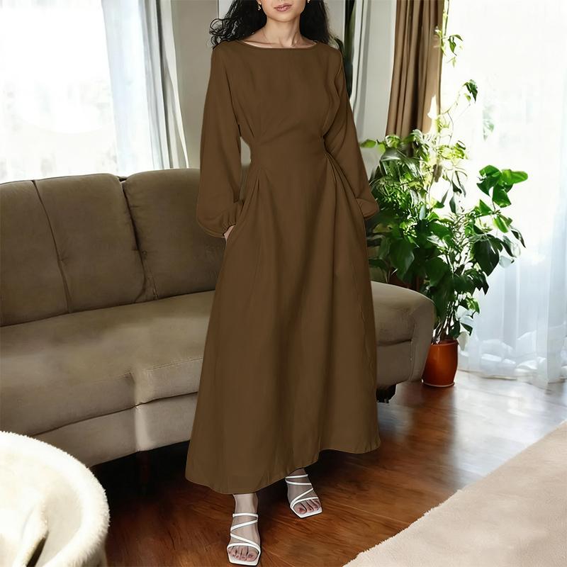 

ZANZEA Женское повседневное платье с круглым вырезом, однотонное, свободного кроя, с длинным рукавом 5XL коричневый