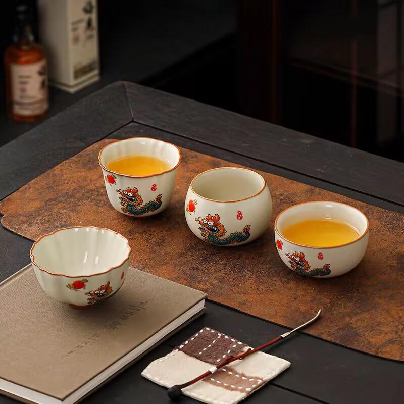Hongyue Dragon Yin Tiger Roar Beige Ru Kiln Teacup Master Cup Kung Fu Tea Set Personal Special Cup Drinking Tea Bowl Tea Cup