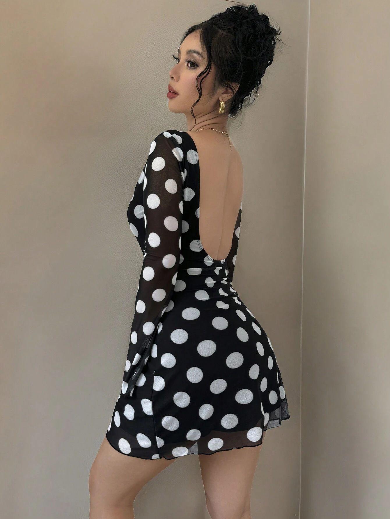 European and American spring and summer new women s sexy polka dot backless mesh horn sleeve mini dress S чёрный