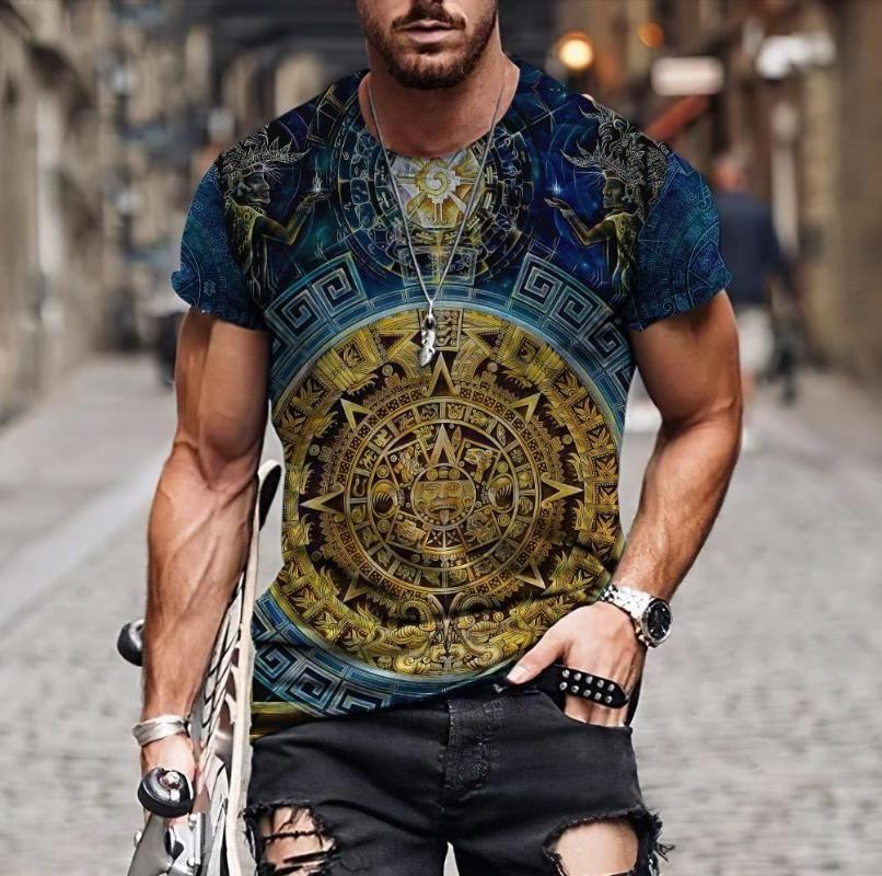 Summer Round Neck 3D Aztec Inspired Pattern Print Top Fashionable Casual Short Sleeved Men's T-shirts