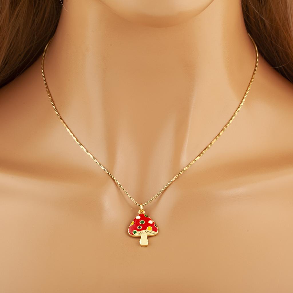 Nidin Cute Enamel Mushroom Pendant Necklace For Women Girls Colorful Zircon Dainty Chain Choker Aesthetic Trendy Jewelry Gifts