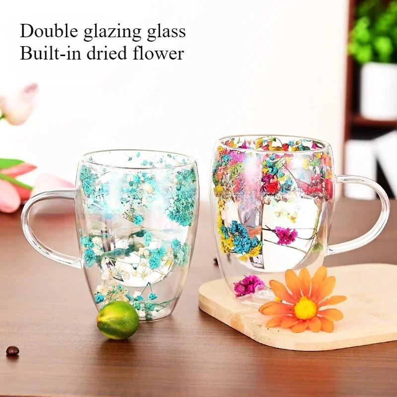 Double-layer Dried Flower Glass Cup High Temperature Resistant Coffee Cup with Handle Dried Flower Decorative Milk Breakfast Cup