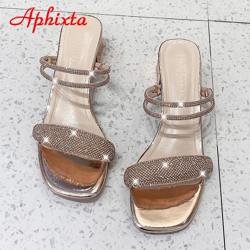 Aphixta 5cm Quadratabsatz Sandalen oder Pantoletten Damen Pantoletten Design Bling Luxus Kristalle Diamanten Hausschuhe Damenschuhe