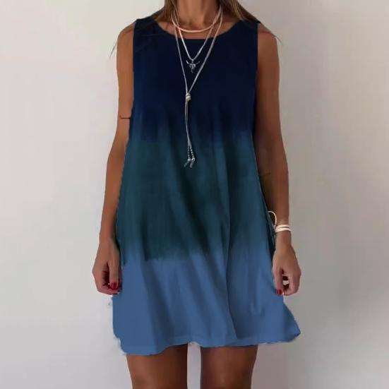 Women Summer Dress Gradient Contrast Color Sleeveless A-line Loose Round Neck Vest Type Daily Vacation Homewear