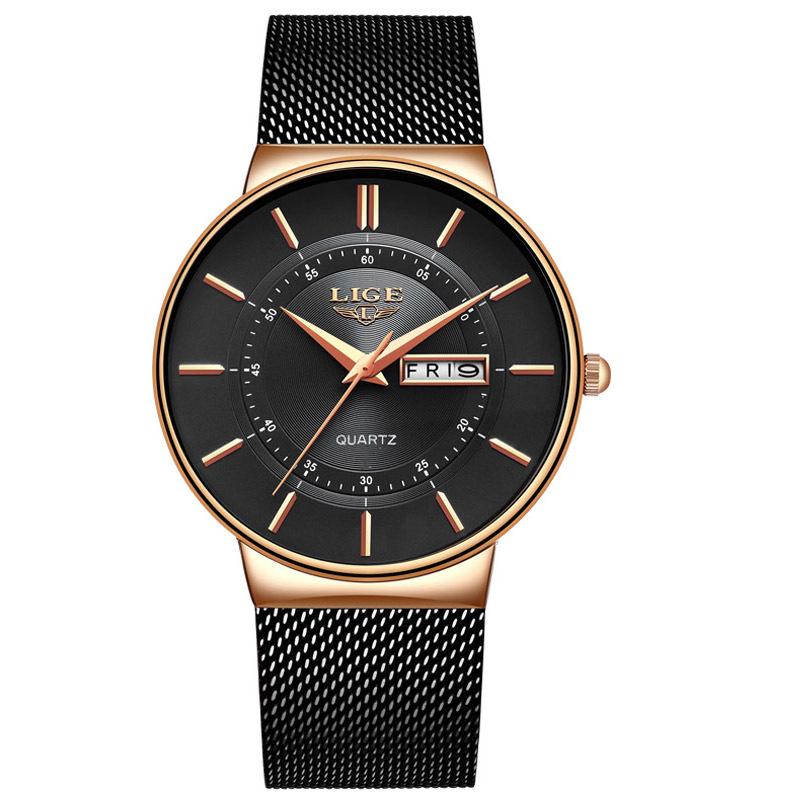 

LIGE Ultra-Thin Men s Quartz Watch with Double Calendar, Three-Hand Movement, Date & Week Display, Mesh Band, Waterproof.