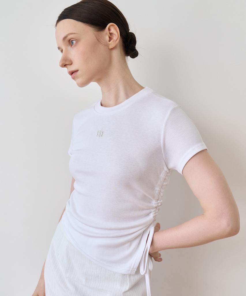 BIBYSEOB Asymmetrical Shirred Half T-Shirt White [T42]