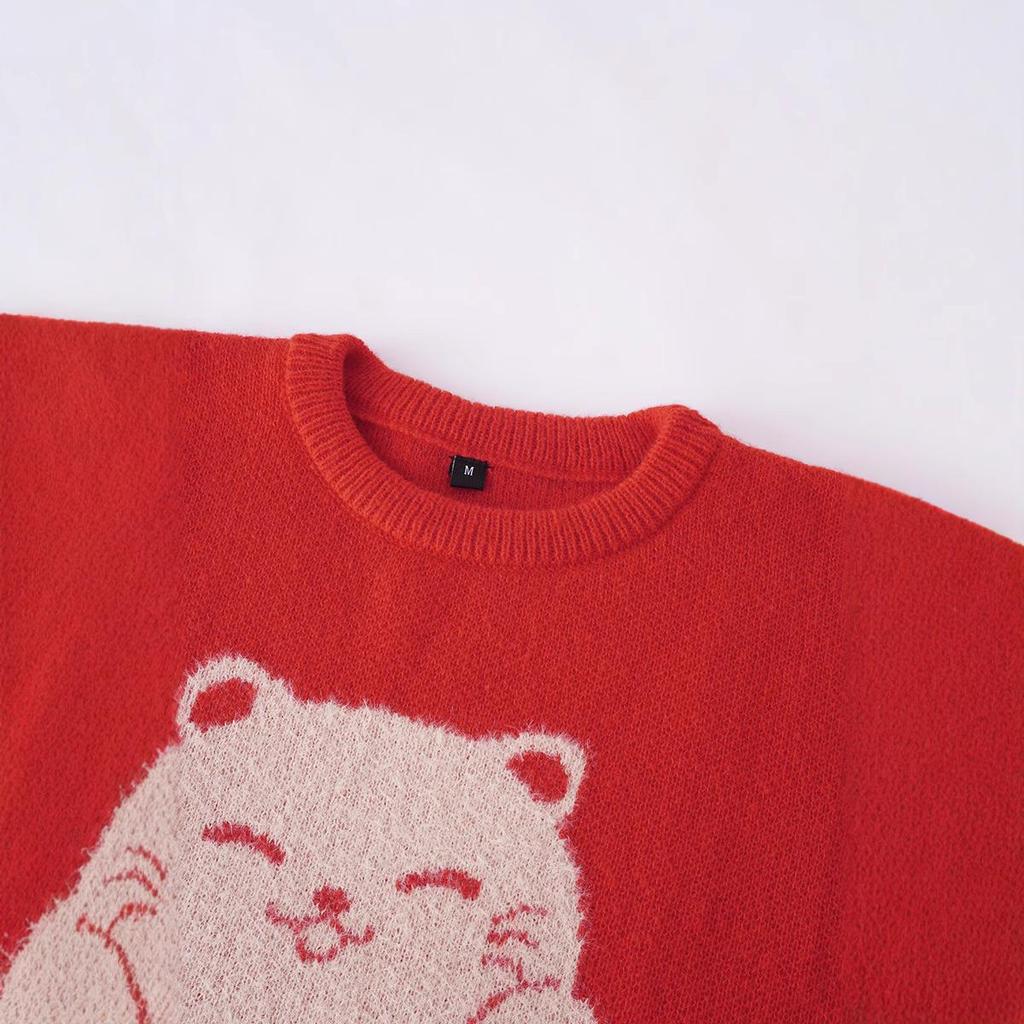 Unisex Jacquard Cat Knit Sweater - Warm Round Neck Base Layer
