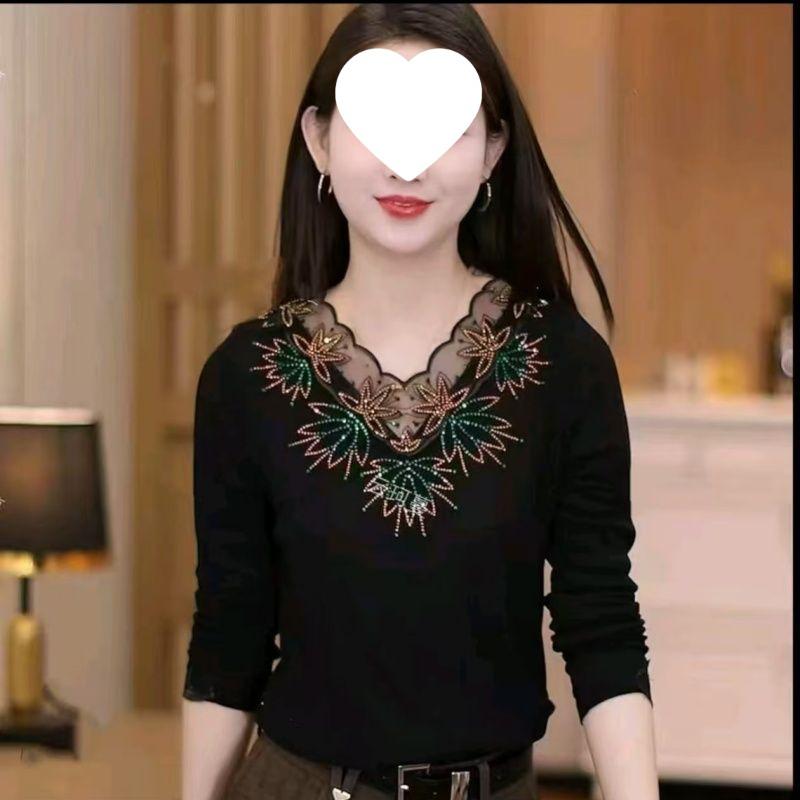 Elegant V-Neck Embroidered Lace Top with Rhinestones - Age-Reducing, Tummy Concealing, and Warm for Autumn & Winter.