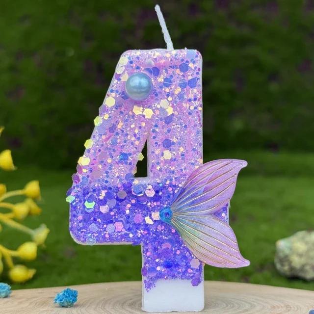 1pc Purple Mermaid Tail Glitter 0-9 Number Candle Decoration Anniversaire Birthday Party Candle Cake Decoration Toos for Girls