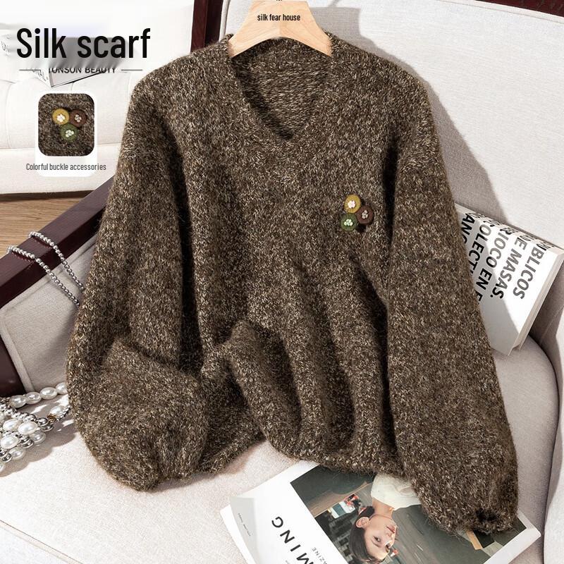 

Women s V-Neck Loose Wool Blend Sweater L