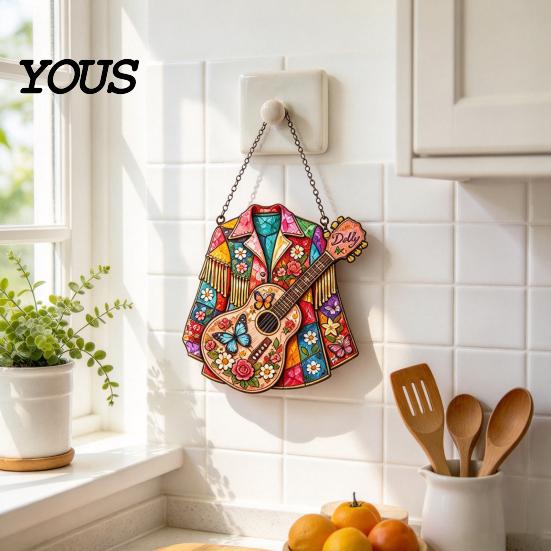 Decorative Hanging Pendant Western Country Art Suncatcher, Jacket & Guitar Stained Glass Style Sun Catcher, Indoor Wall Decor 2D Acrylic Ornament for