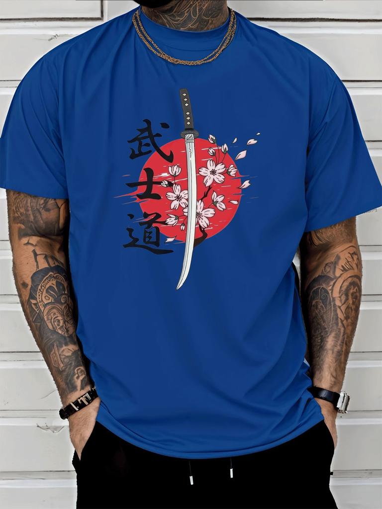 Unisex Sommer Blau Kurzarm T-Shirt Japanischer Bushido Katana Sakura Druck Lässig Streetwear Lockerer Schnitt Männlich Täglich Mode Oberteile