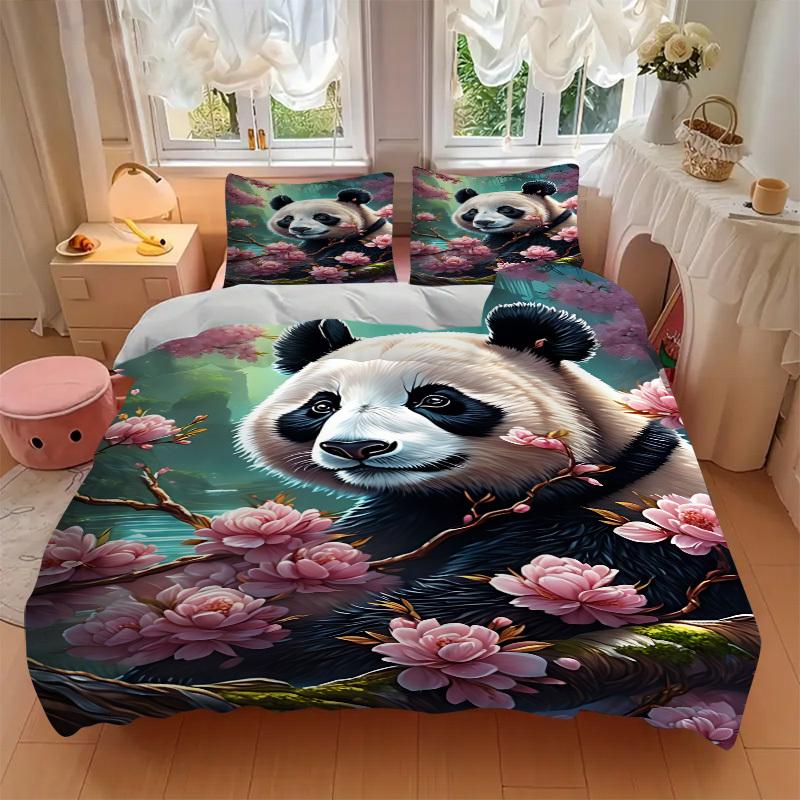 3ks Sada povlaků na peřinu Panda a Třešňový květ - Obsahuje 1 povlak na peřinu a 2 povlaky na polštář, Bez výplně, Celoroční bytový dekor  yy251111198