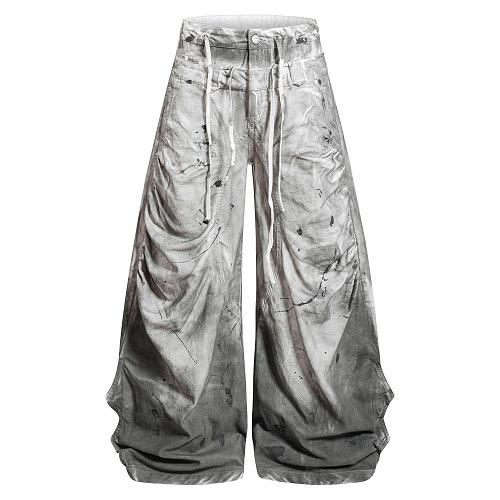 ZYLLO  Gradient Dirty Wash Baggy Denim Pants Double Drawstring Waist Ruched Wide Leg Streetwear Casual Trousers