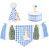 1st Birthday Highchair Banner Goose Theme Blue Ginghams Tassel Banner Hat Photo Prop for Boy Girls Birthday Party Decorations