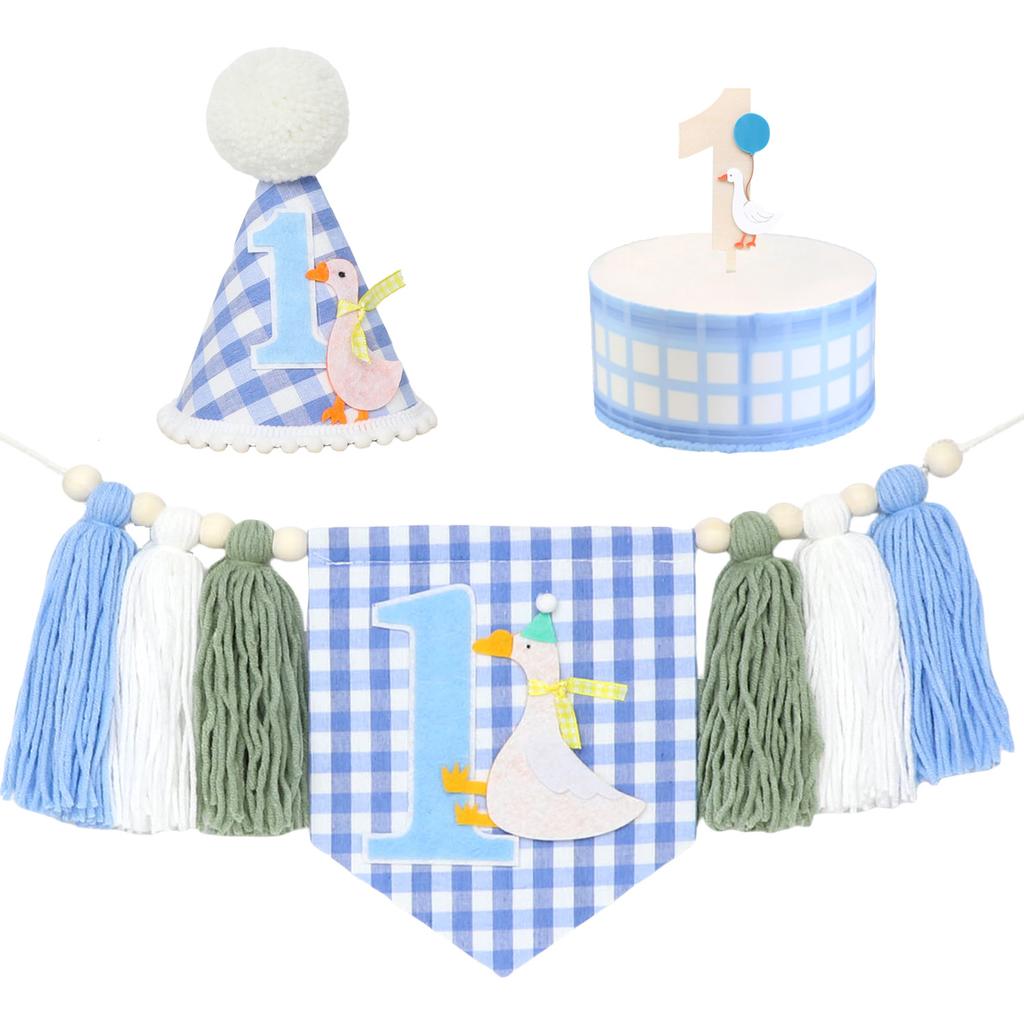 1st Birthday Highchair Banner Goose Theme Blue Ginghams Tassel Banner Hat Photo Prop for Boy Girls Birthday Party Decorations