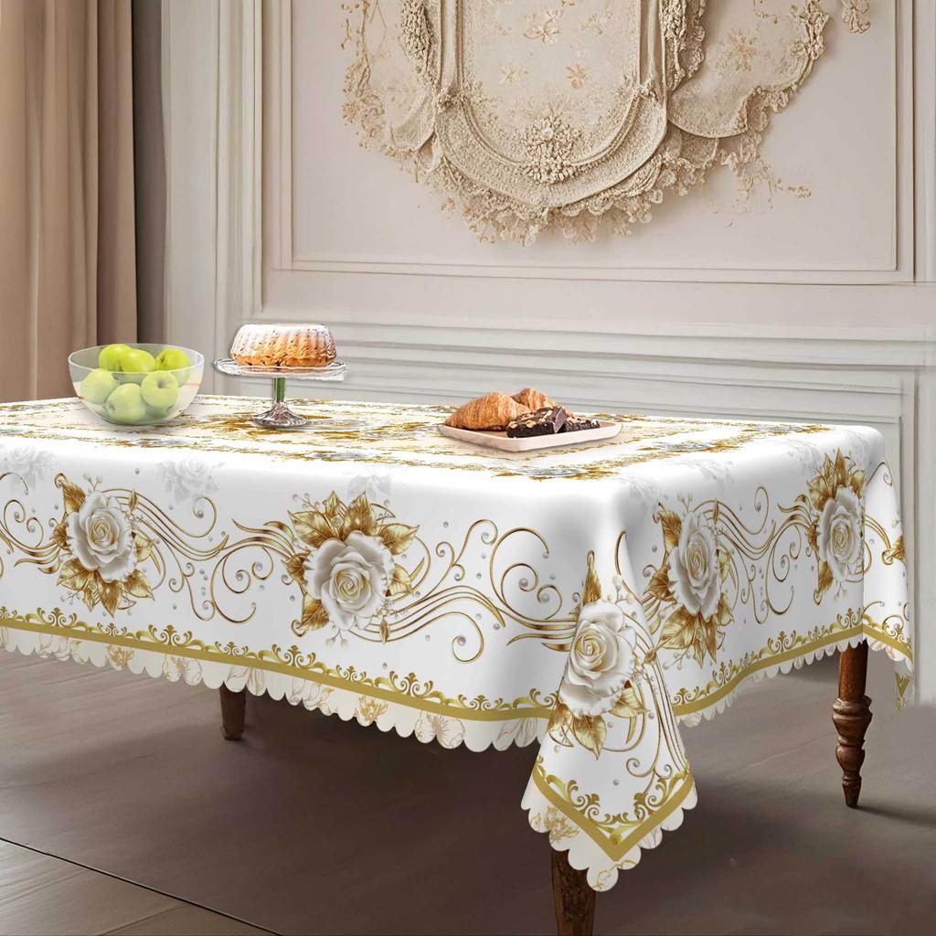 European Gold Rose Round Tablecloth, Waterproof Leave-In Polyester Dining Table Coffee Table Decorative Cloth, Rectangular Dining Table Cloth
