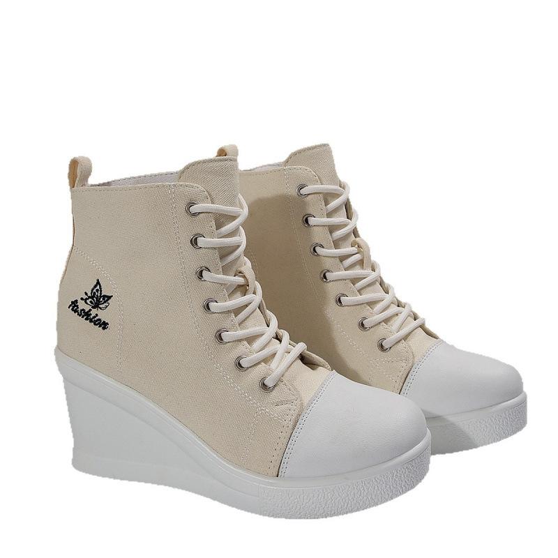 Large size canvas shoes wedge heel lace-up spring new casual high-heeled canvas shoes